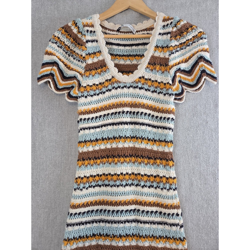 ZARA S Striped Maxi Sweater Dress Crochet Knit Limited Edition Short Sleeve Boho